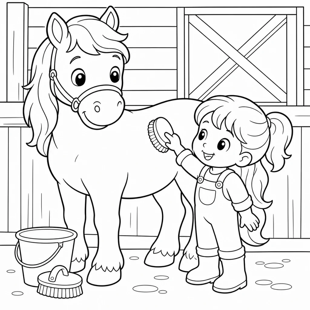 Coloriage : Cheval avec une fille dans l’étable