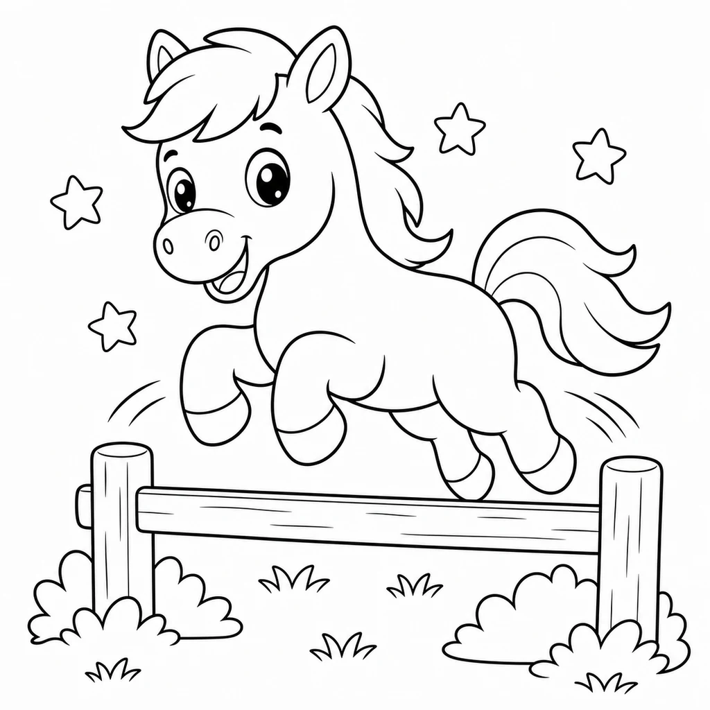 Coloriage : Cheval qui saute une barrière