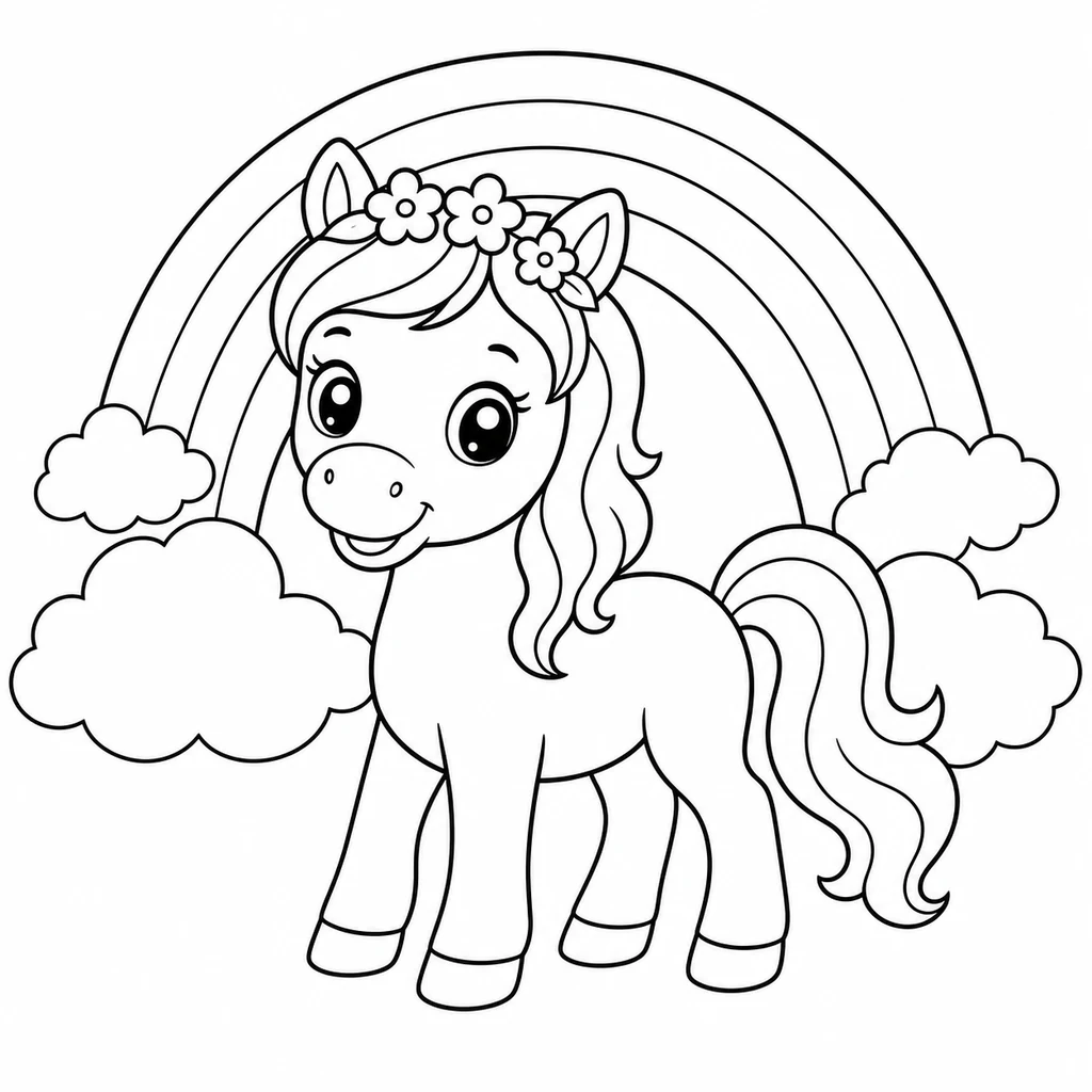 Coloriage : Cheval avec une couronne de fleurs