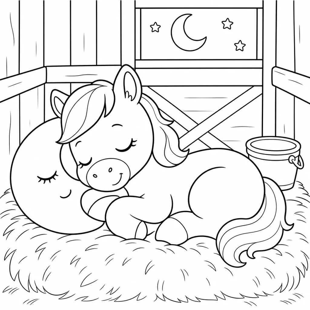 Coloriage : Cheval endormi dans l’étable