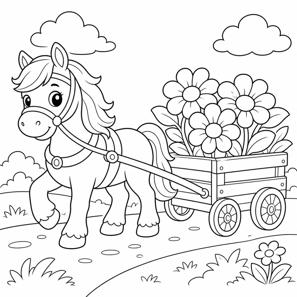 Coloriage : Cheval avec un chariot de fleurs