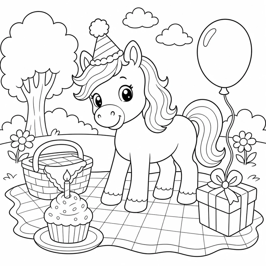 Coloriage : Cheval d’anniversaire