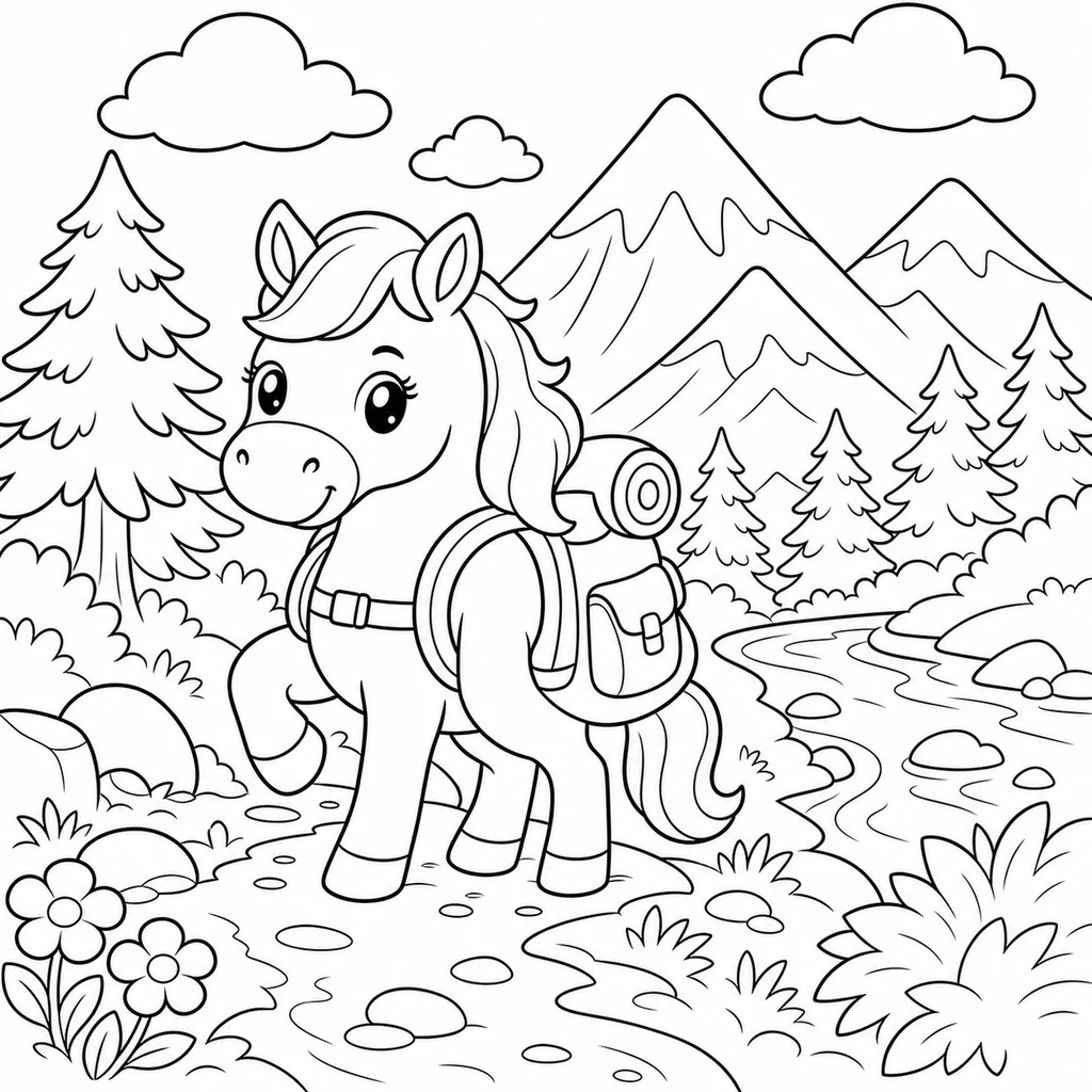 Coloriage : Cheval explorateur de montagne