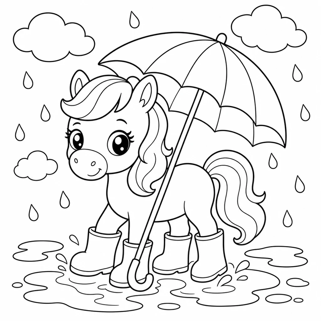 Coloriage : Poney avec des bottes de pluie