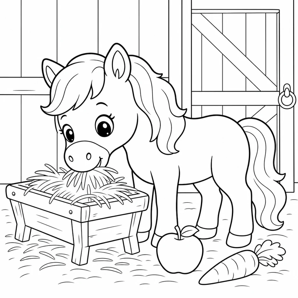 Coloriage : Cheval qui mange du foin