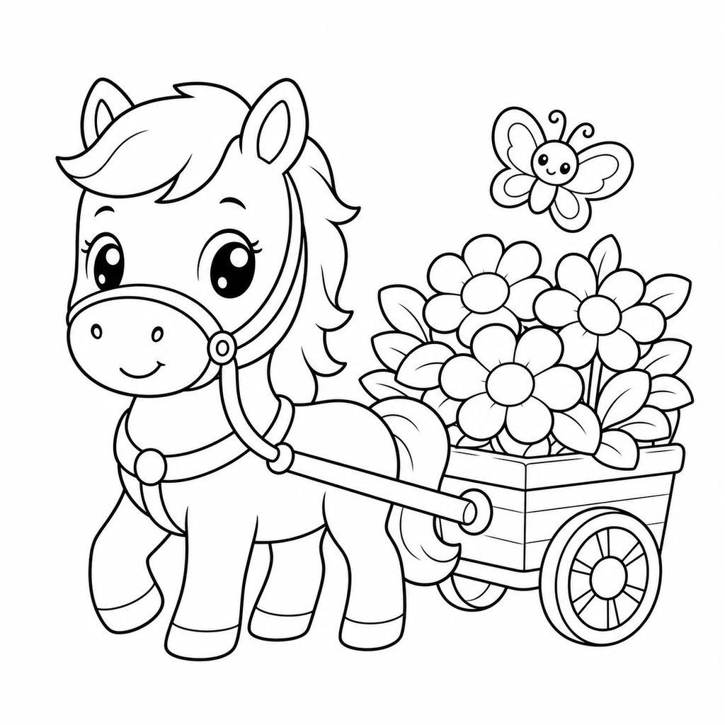 Coloriage : Cheval avec une charrette de fleurs
