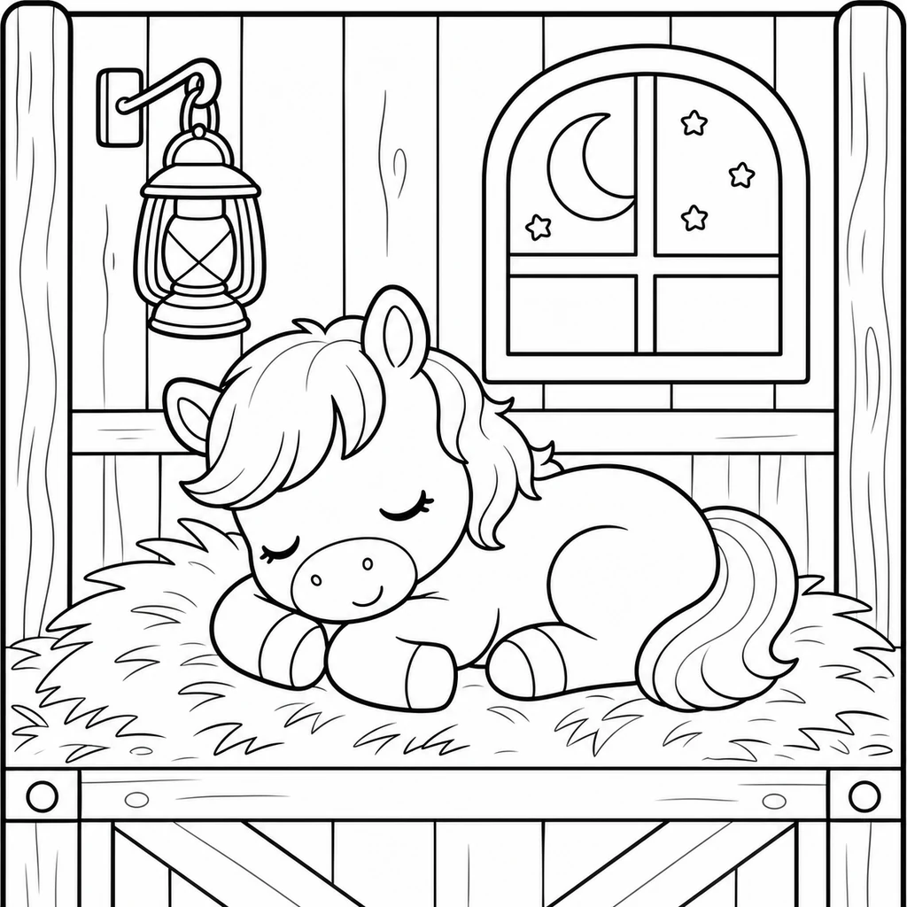 Coloriage : Cheval au repos dans l’étable