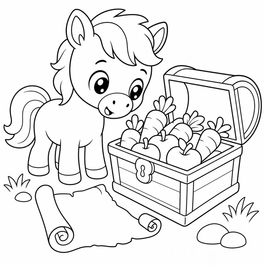 Coloriage : Poney avec un coffre de légumes