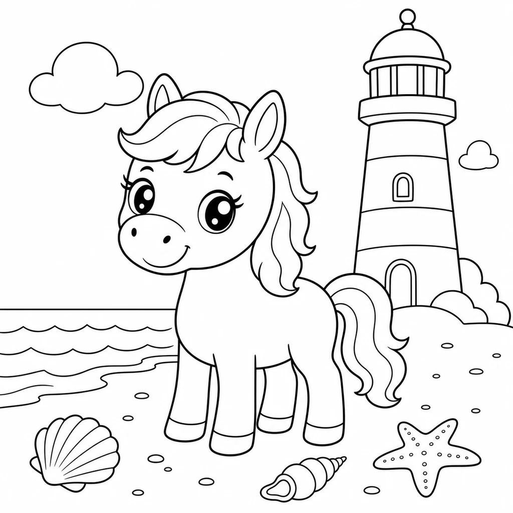 Coloriage : Cheval près du phare