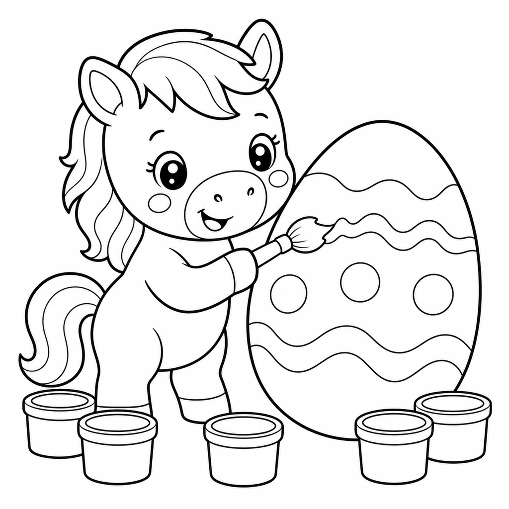 Coloriage : Poney qui peint un œuf