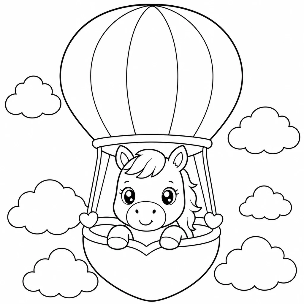 Coloriage : Cheval en montgolfière