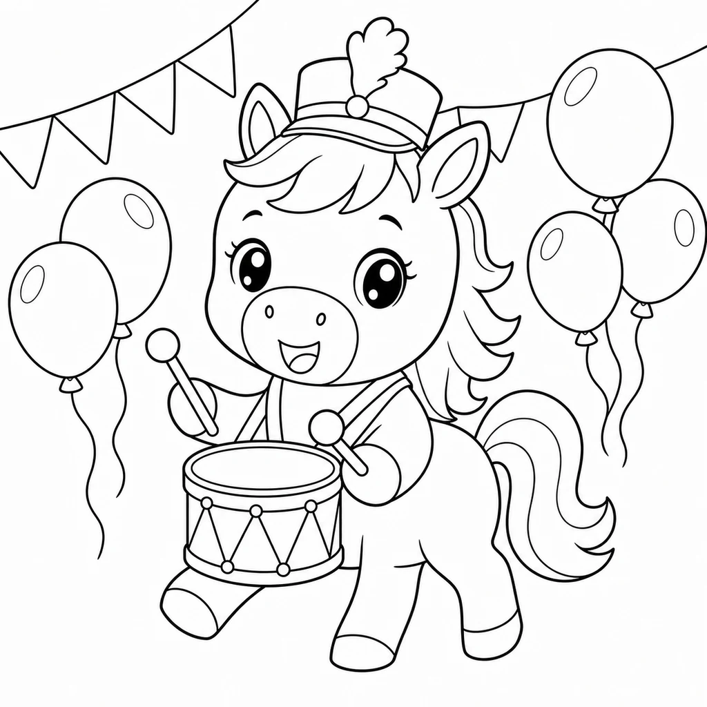 Coloriage : Cheval avec un tambour de fête