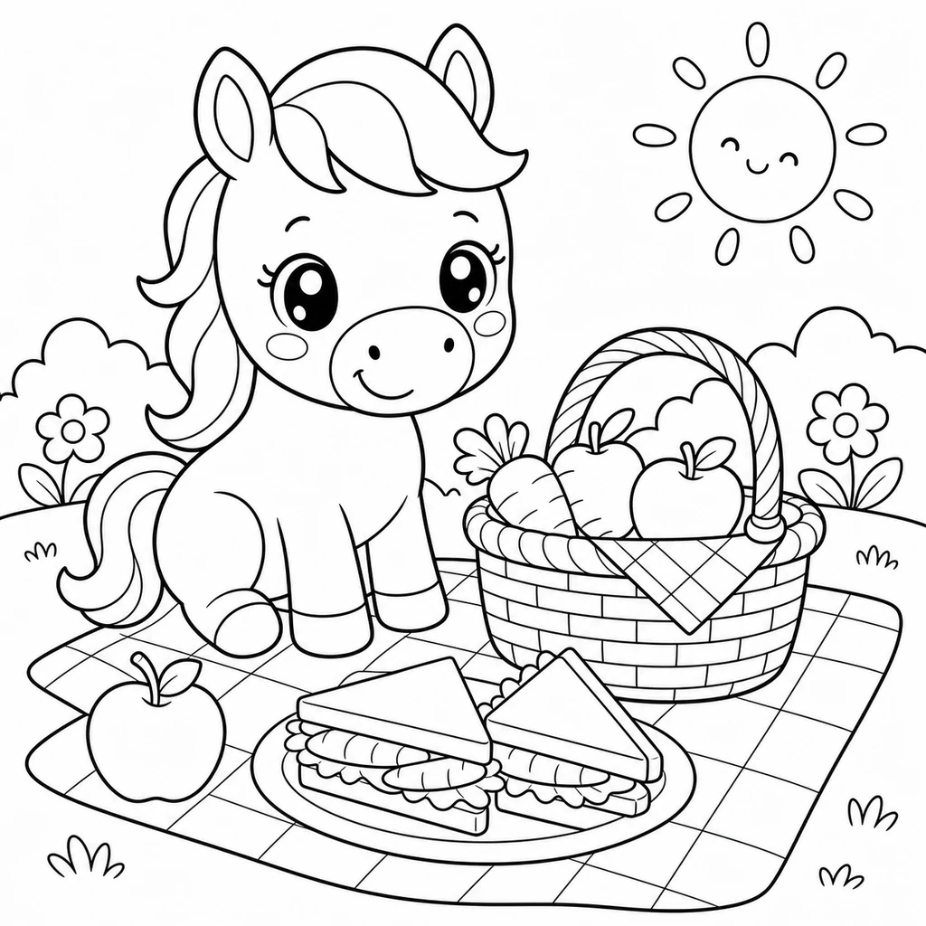 Coloriage : Cheval en pique-nique