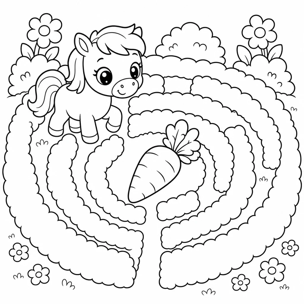 Coloriage : Cheval dans un labyrinthe de carottes