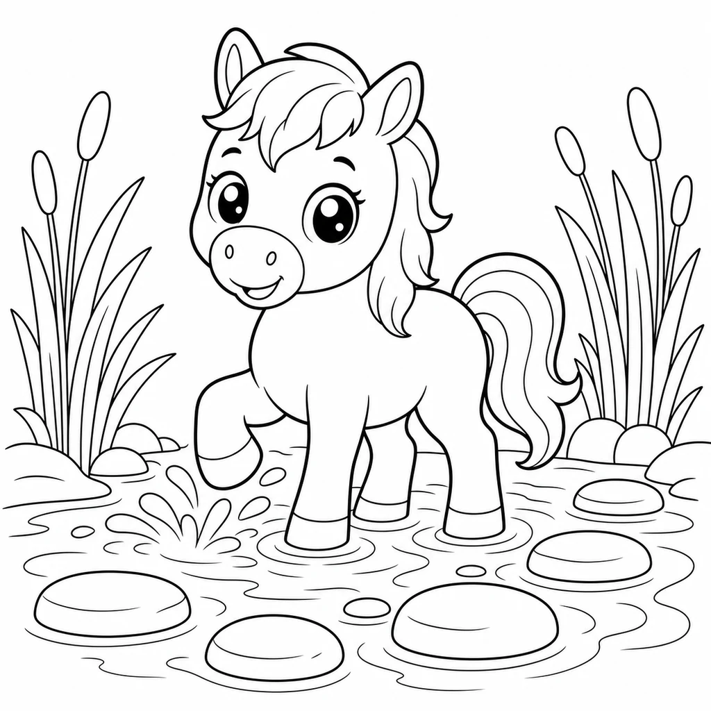 Coloriage : Cheval parmi les nénuphars