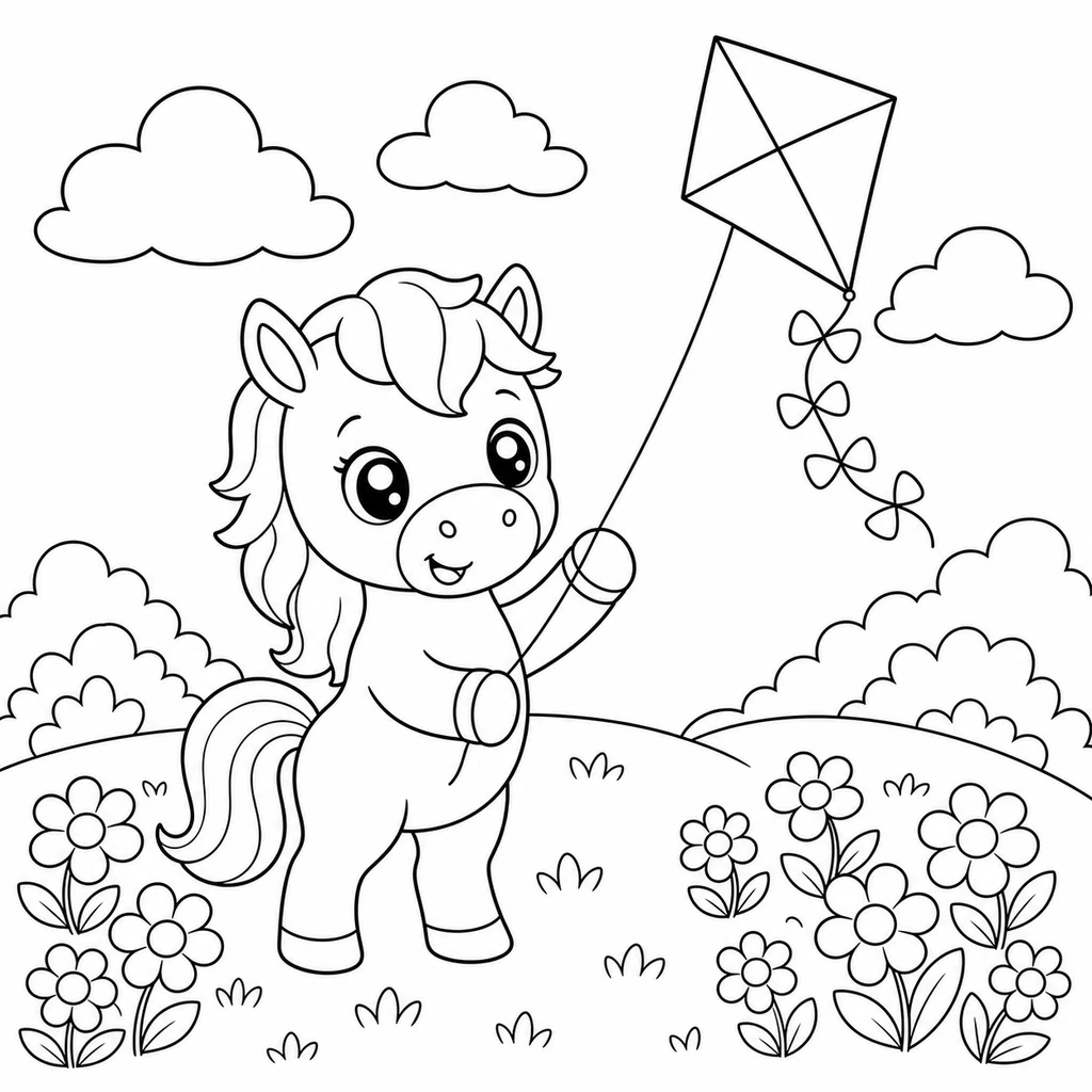 Coloriage : Cheval avec un cerf-volant