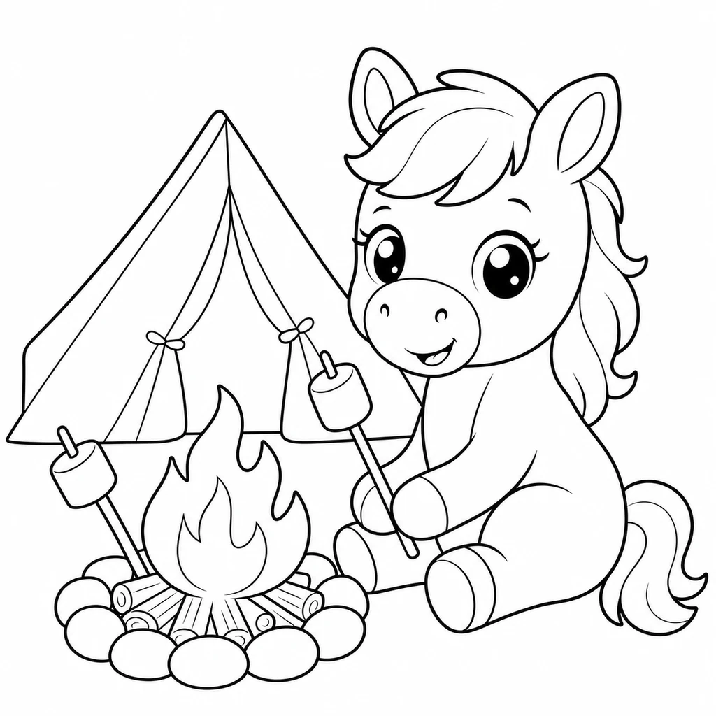 Coloriage : Cheval en camping