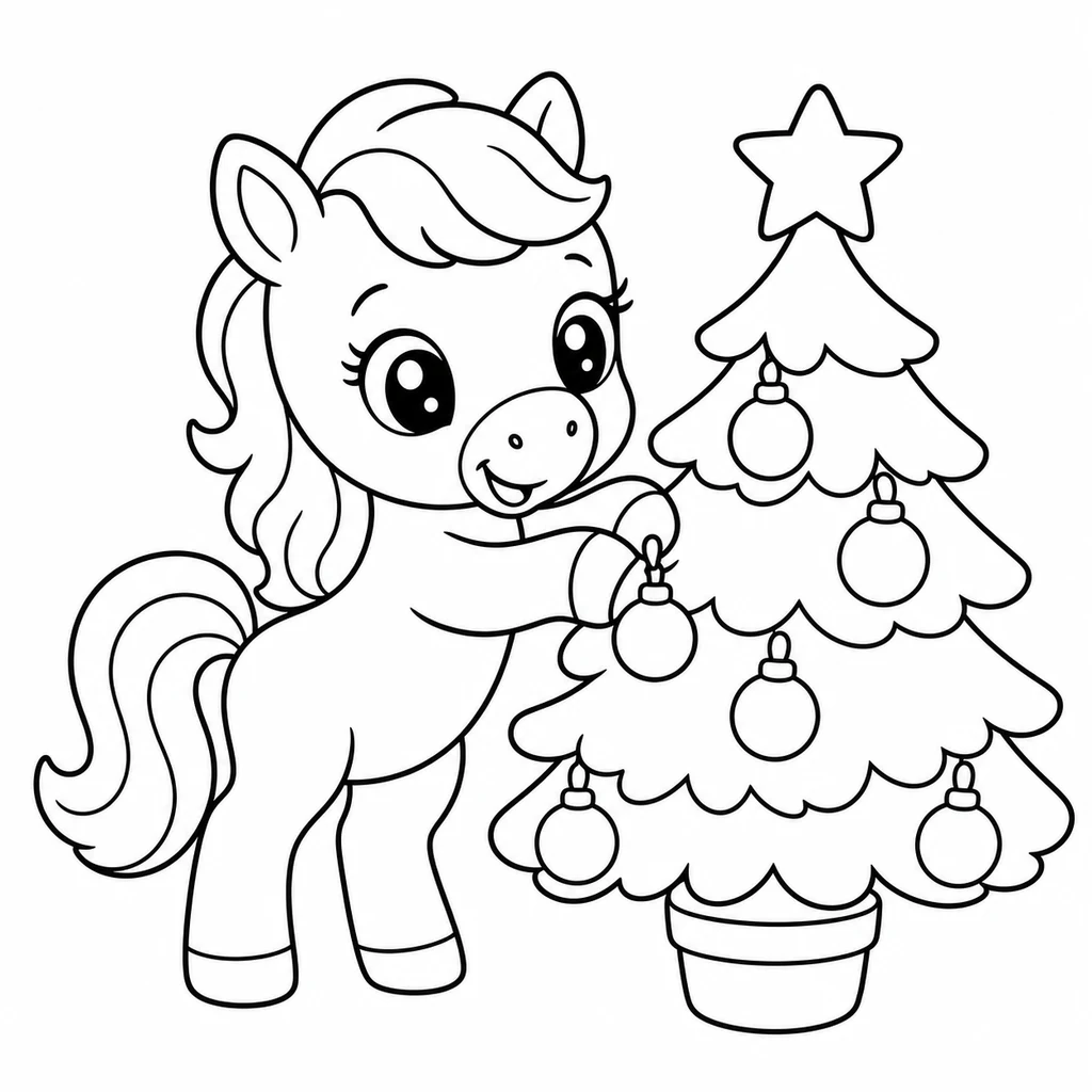 Coloriage : Cheval avec un sapin de Noël