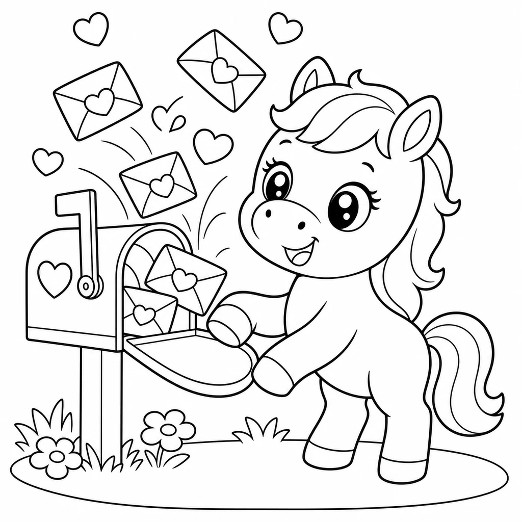Coloriage : Cheval dans une boîte aux lettres fleurie