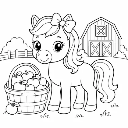Pony with basket of apples coloring page