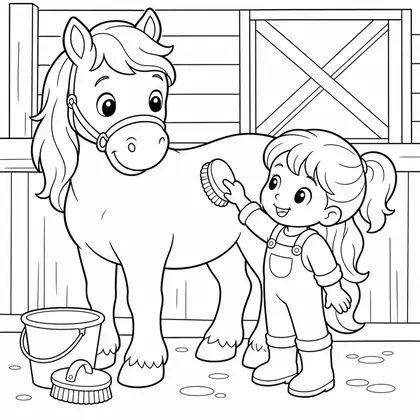 Horse with girl in the stable coloring page