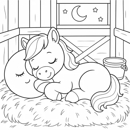 Horse sleeping in the stable coloring page