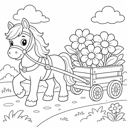 Horse with flower cart coloring page