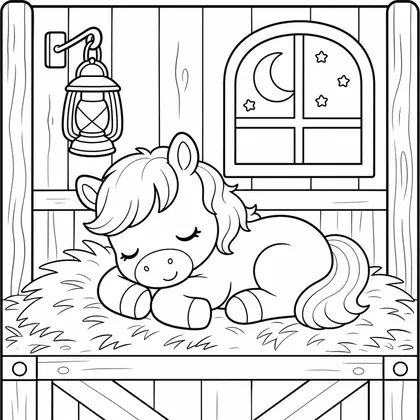 Horse resting in the stable coloring page