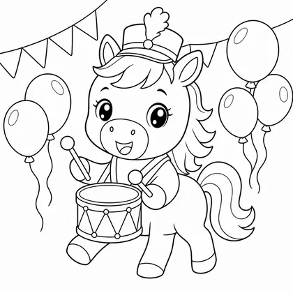 Horse with party drum coloring page