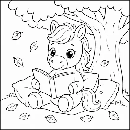 Horse reading under a tree coloring page