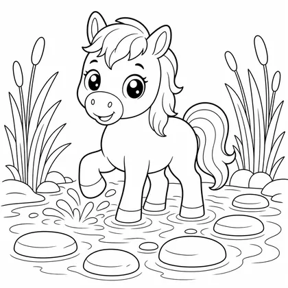 Horse among water lilies coloring page