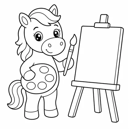 Dibujo de caballo pintando en caballete para colorear