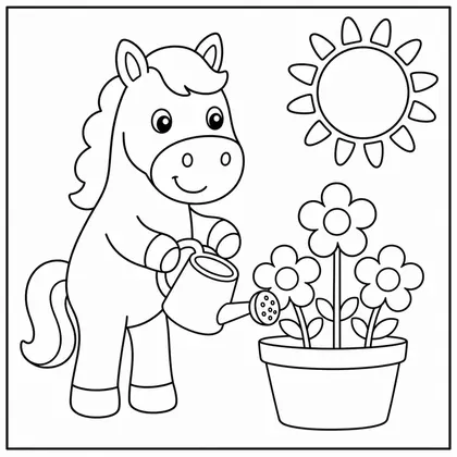 Dibujo de caballo regando flores para colorear