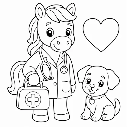 Dibujo de caballo veterinario con cachorro para colorear