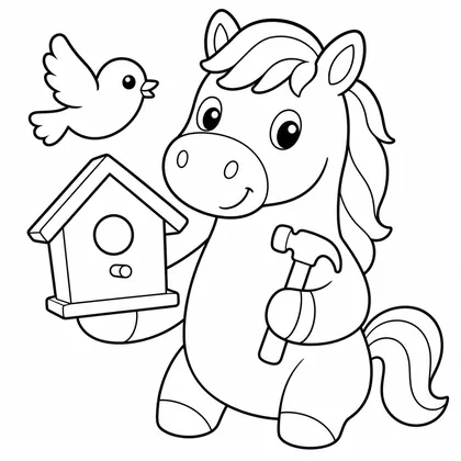 Dibujo de caballo construyendo casita de pájaro para colorear