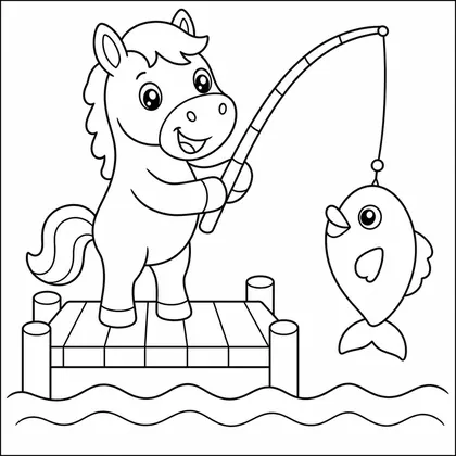 Dibujo de caballo pescando en el muelle para colorear
