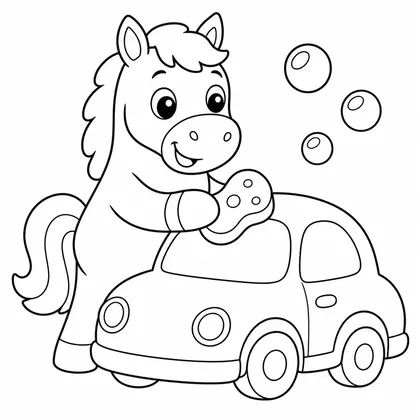 Dibujo de caballo lavando un coche para colorear
