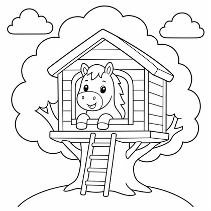 Dibujo de caballo en casa del árbol para colorear