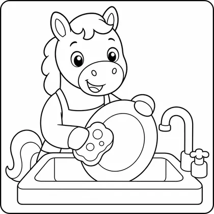 Dibujo de caballo lavando platos para colorear