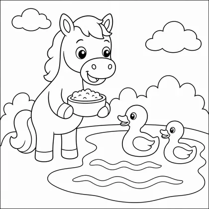 Dibujo de caballo dando de comer a patos para colorear