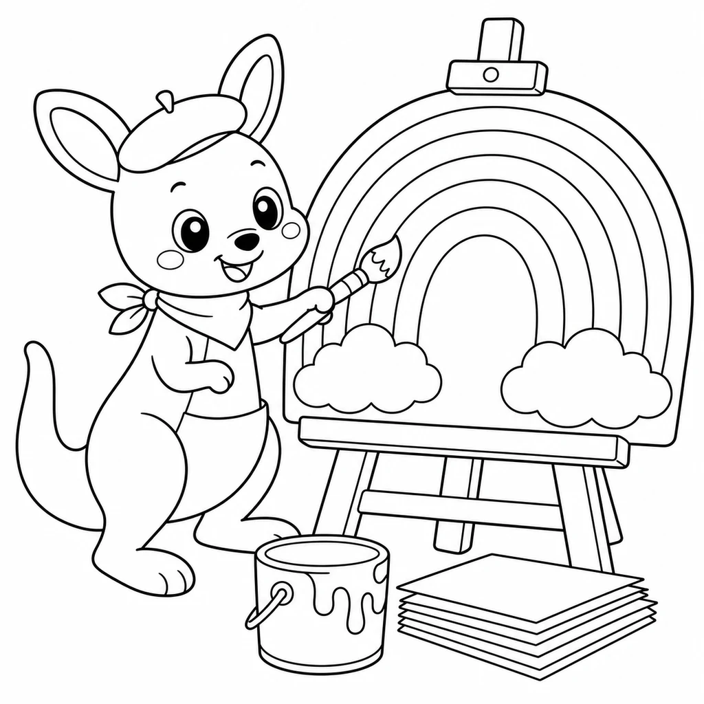 Coloriage : Kangourou qui peint un arc-en-ciel