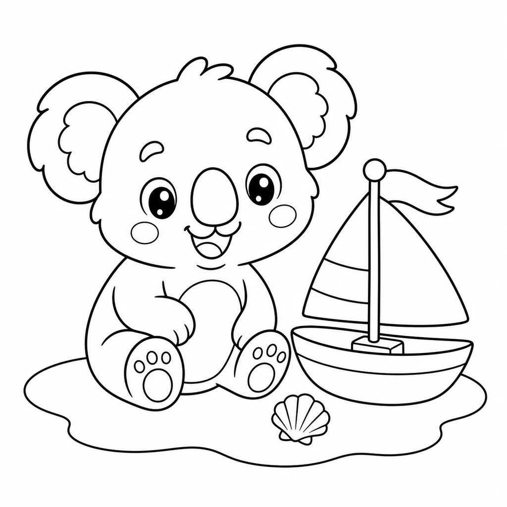 Coloriage : Koala avec un petit bateau