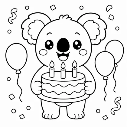 Dibujo de koala con pastel de cumpleaños para colorear