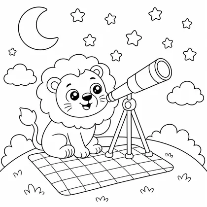 Lion with a telescope coloring page
