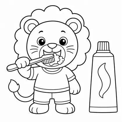 Dibujo de leon lavándose los dientes para colorear