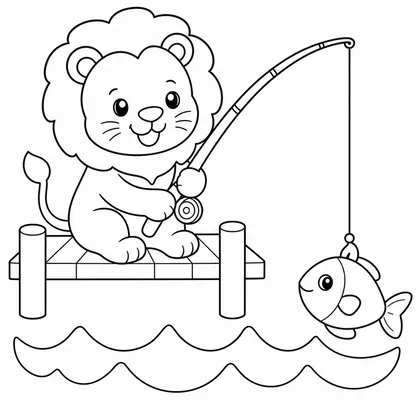Dibujo de leon pescando en el muelle para colorear