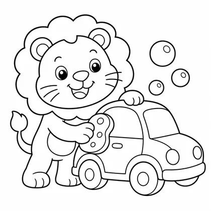 Dibujo de leon lavando un coche para colorear