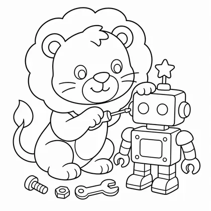 Dibujo de leon construyendo un robot para colorear