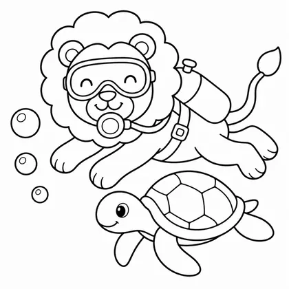 Dibujo de leon buceando con tortuga para colorear