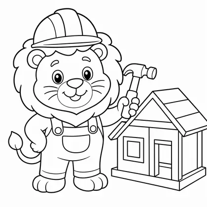Dibujo de leon construyendo una casita para colorear